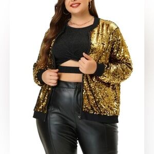 Agnes Orinda Womens Plus Size Sparkle Party Sequin Bomber Jacket